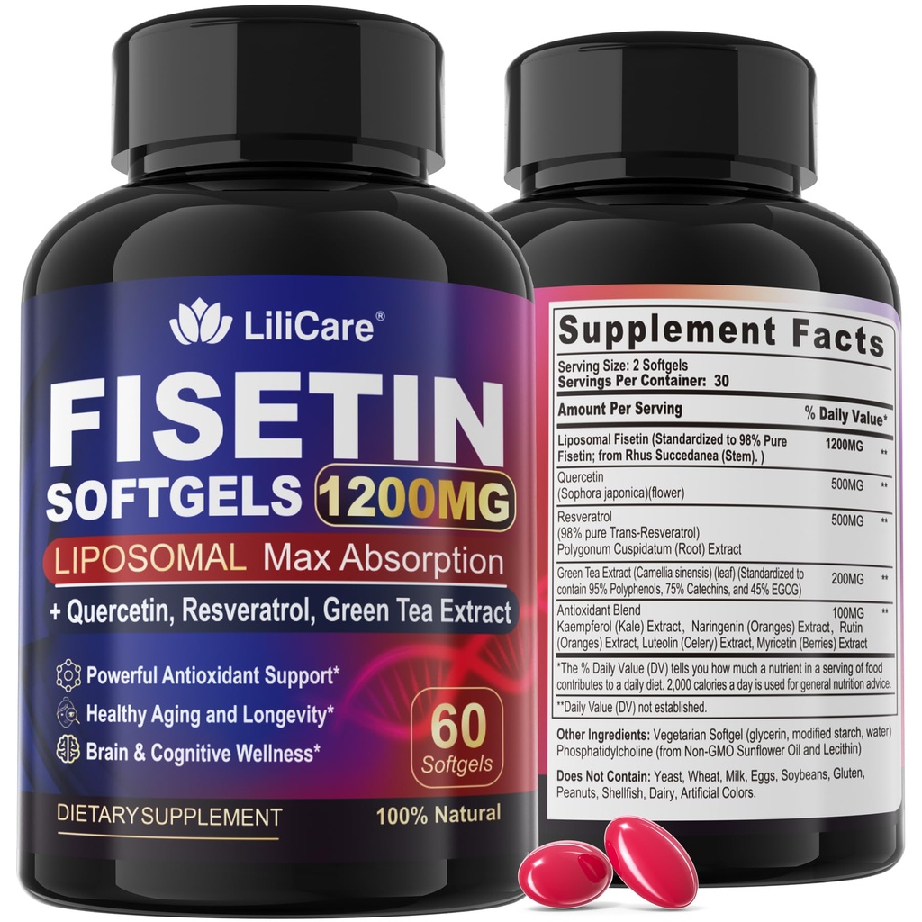 Supplément de fisetin - Super absorption liposomique 98% Pure 1200mg avec Quercetin, Resvératrol, Extrait de thé vert pour un vieillissement et une longévité sains, santé de la peau, cerveau et antioxydant - 60 Softgels