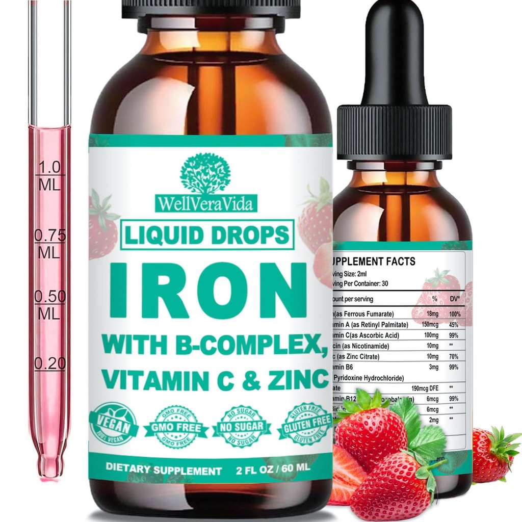 Flüssige Eisen-Ergänzung w/Vitamin C, B-Komplex, Hochpotenz Eisen Flüssigkeit w. Multivitamin, Vegan Eisen Tropfen für Frauen, Kinder, Chelate Flüssige Eisen-Ergänzung für Anämie, Fatigue, Red Blood Cell Support