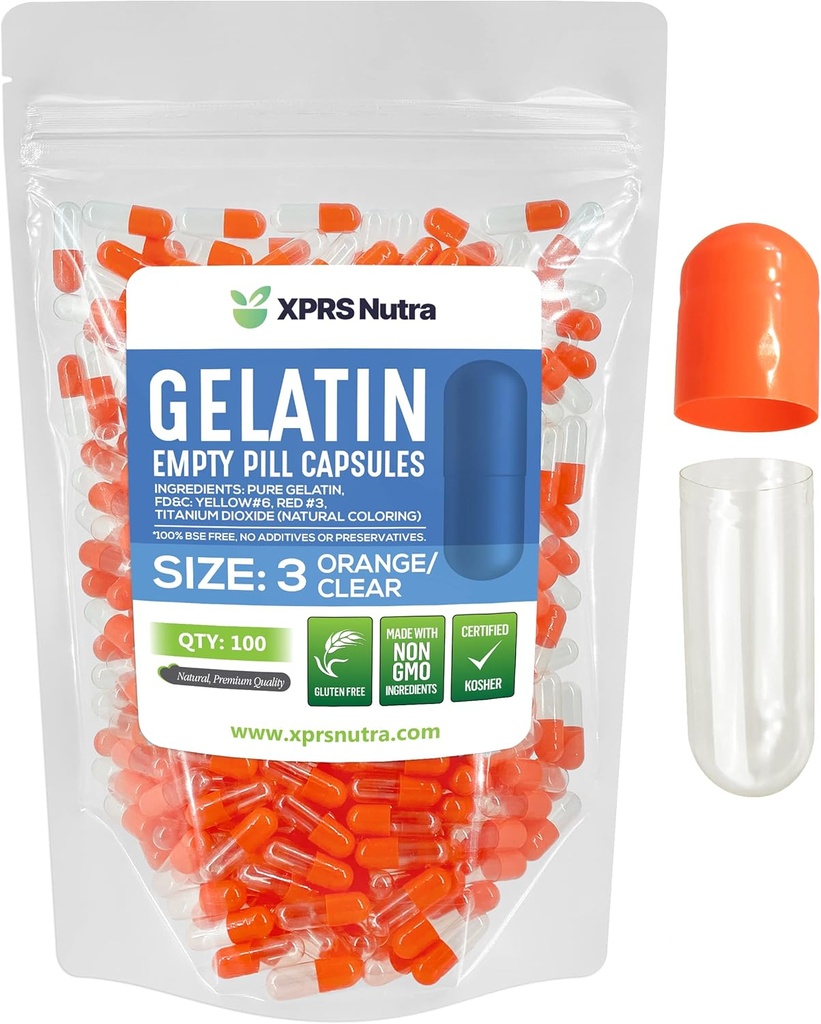 XPRS Nutra Größe 3 Leere Kapseln - 100 Count Leere Gelatine Kapseln - Pillen DIY Kapsel Füllung - Pure Bovine Pill Gel Kapseln füllbar für Do-It-Yourself Vitamine und Ergänzungen (Orange/Clear)