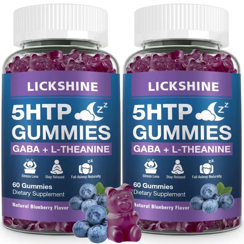 2 Pack 300MG 5-HTP GABA Schlaf-Ergänzungsgummis mit 200mg L-Theanin-Ergänzung für Gehirn, Mood Stabilisator und Schlaf-Unterstützung, Melatonin-frei, Omega 3-6-9 für natürliche Zzzs, Blueberry Flavor