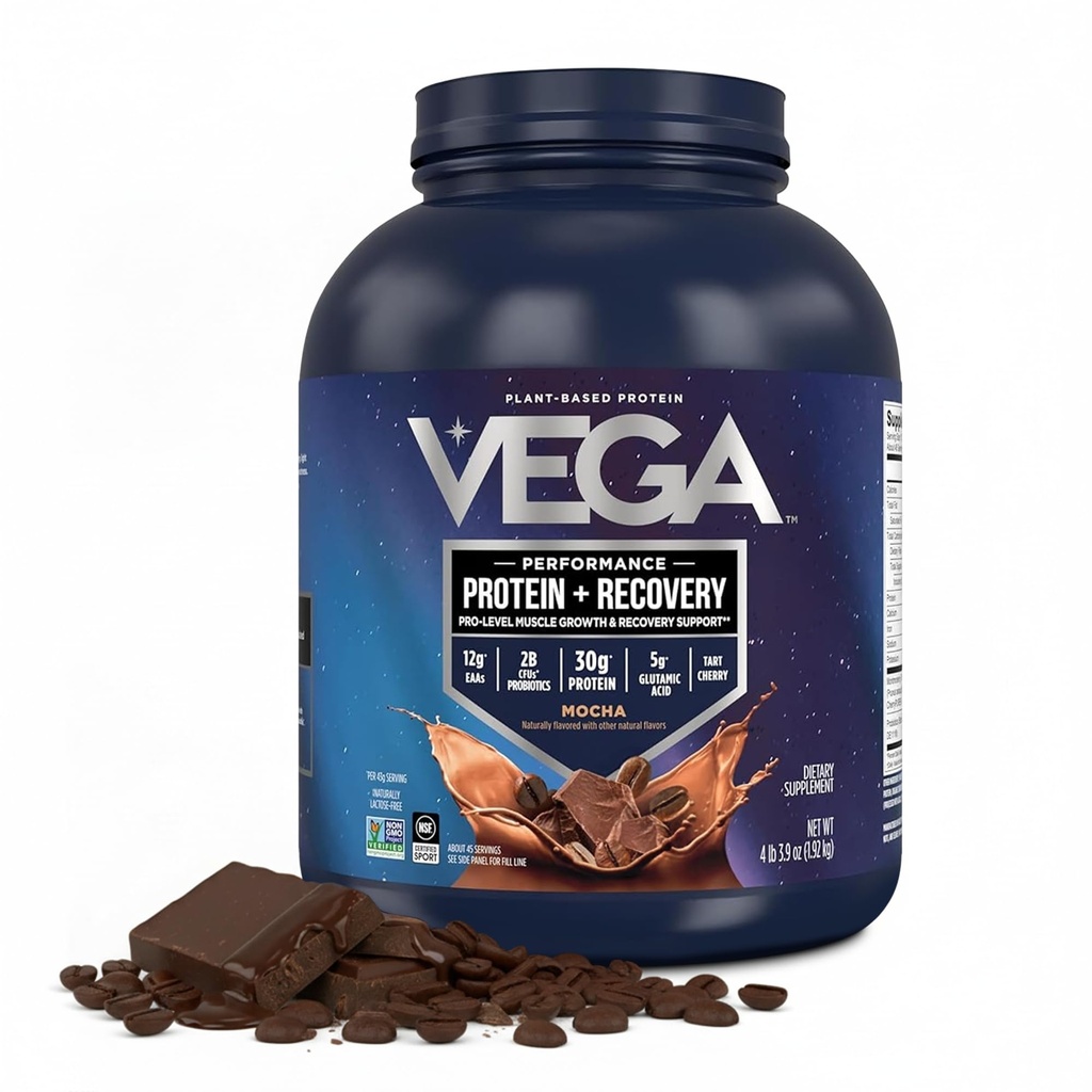 Vega Sport Vegan Protein Powder + Recovery - 30g Pflanzen basiertes Protein per Servieren, Mocha, 45 Servierungen, 5g BCAAs, Probiotics, NSF zertifiziert, für Shakes & Smoothies, 4.2lbs (Packaging May Vary)
