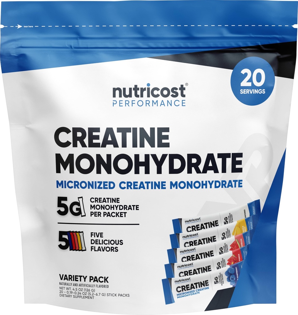 Boîtes à bâtons en poudre monohydraté de la créatine de Nutricost (5 arômes, 20 portions) - Micronisé, 5 grammes de monohydrate de créatine par emballage