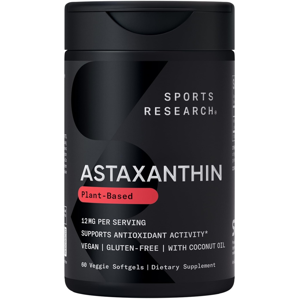 Recherche sportive Triple force Vegan Astaxanthin Supplément de l'algue - softgels à base de plantes pour l'activité antioxydante, la peau et la santé des yeux - non-OGM vérifié, fait avec l'huile de coco - 12mg, 60 Compte