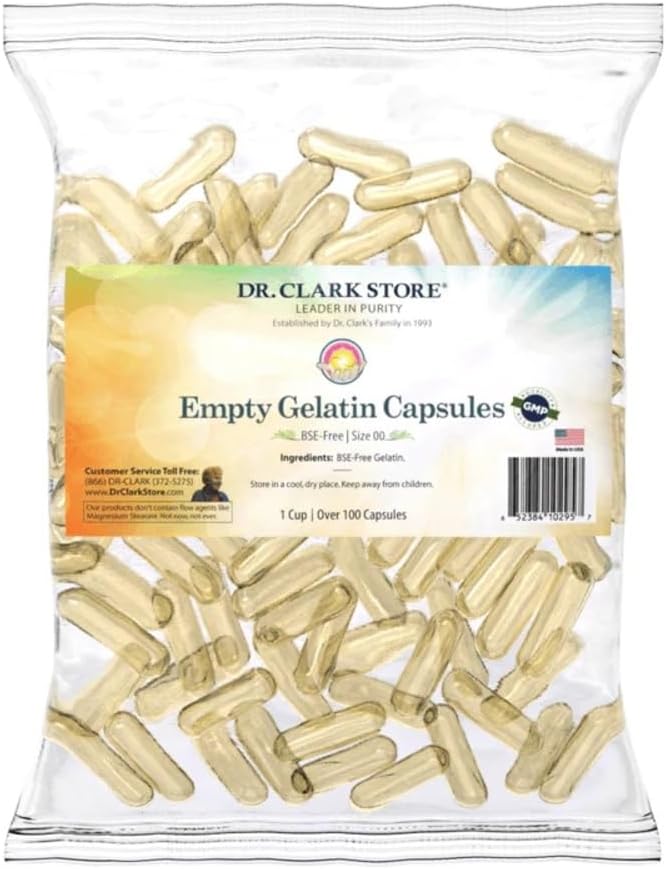 Dr Clark Store Capsules de gélatine vides de taille 00 – 1 tasse (environ 120 capsules), parfait pour les suppléments de bricolage, amis végétariens, certifiés Halal et Kosher, sans ESB