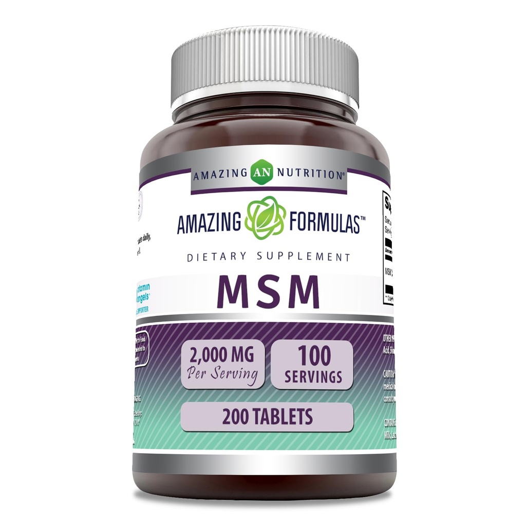 Formules étonnantes MSM (Methylsulfonylméthane) Supplément $ 1000 Mg par portion $ 200 comprimés $ Non-GMO $ Sans gluten $ Fabriqué aux États-Unis