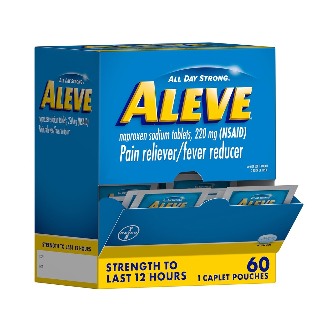 Aleve Pain Reliever & Fever Reducer Naproxen Sodium Caplets, Body and Arthritis Pain Reliever, Medizin für Erwachsene und Kinder Alter 12 und oben, 60 individuelle Pouches