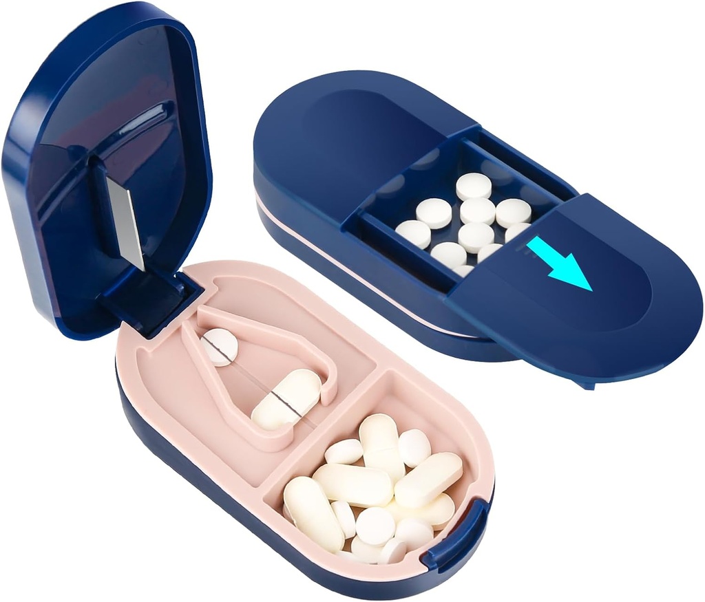 Cutter à pilules LEAFTOL, étui à pilules 2-en-1 avec lame en acier inoxydable, pour comprimés de vitamines petites ou grandes, pilules coupées avec mini compartiment organisateur de pilules – Bleu