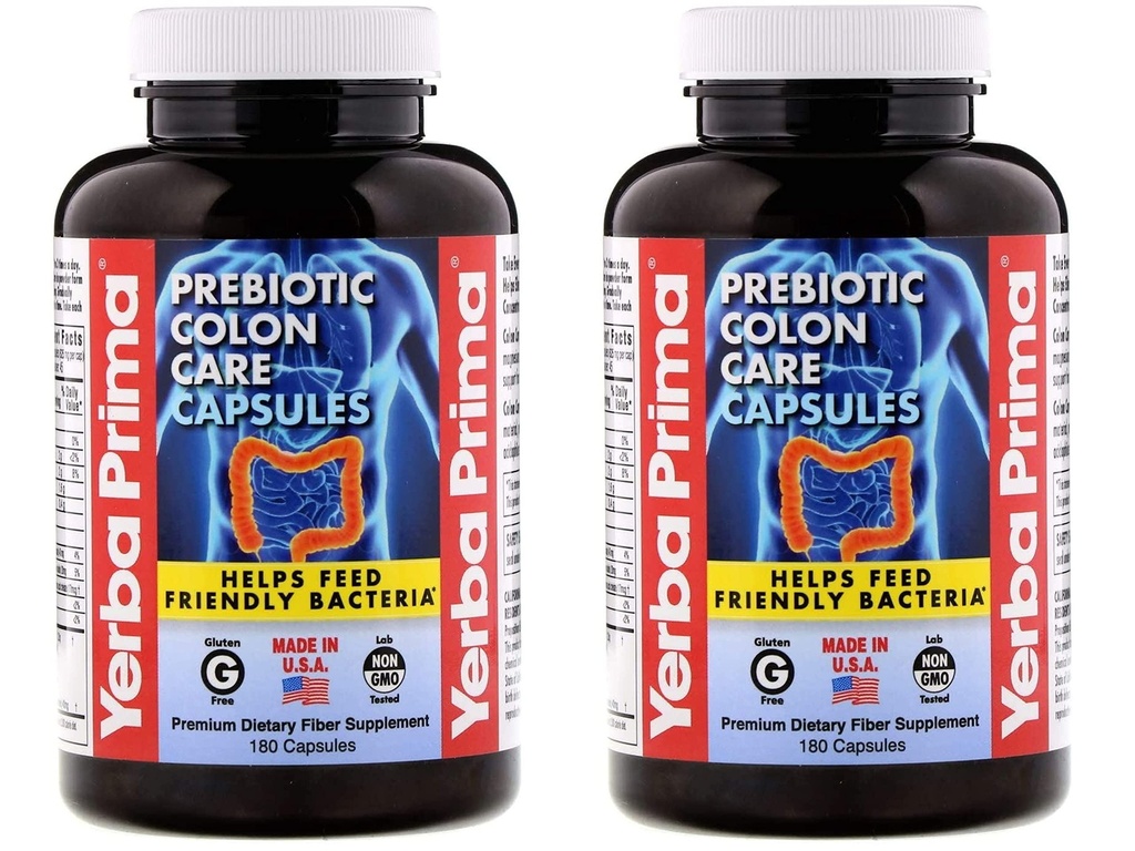 Yerba Prima Prebiotic Colon Care Capsules - 180 Count (Pack of 2), Glutenfrei, Proudly Made in The USA, Non-GMO, Soluble & Unlösliche Fiber, Unterstützt eine gesunde Arbeitsweise Colon