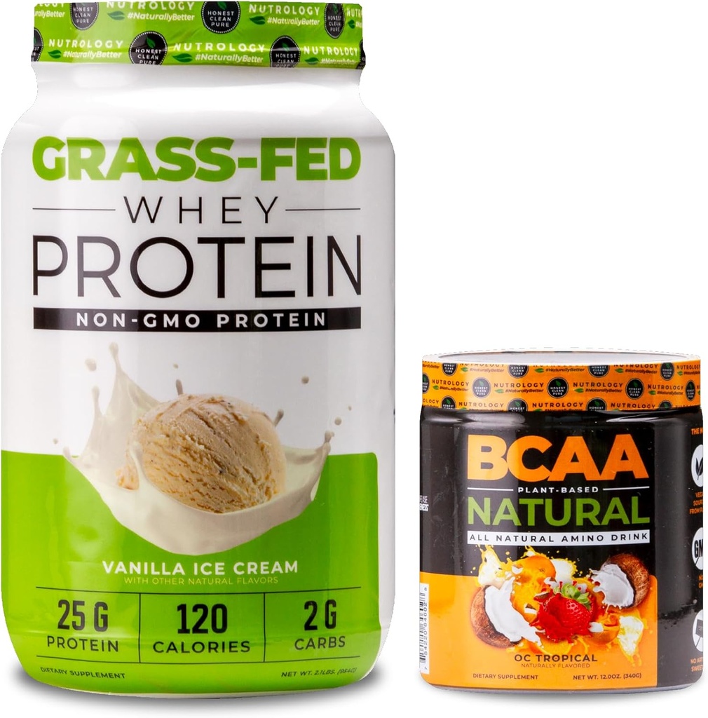 Nutrologie Poudre de protéines de lactosérum de l'herbe, soutient la récupération des muscles maigres et la performance, crème glacée de vanille (28 portions) BCAA naturel, saveur de noix de coco orange (30 portions)