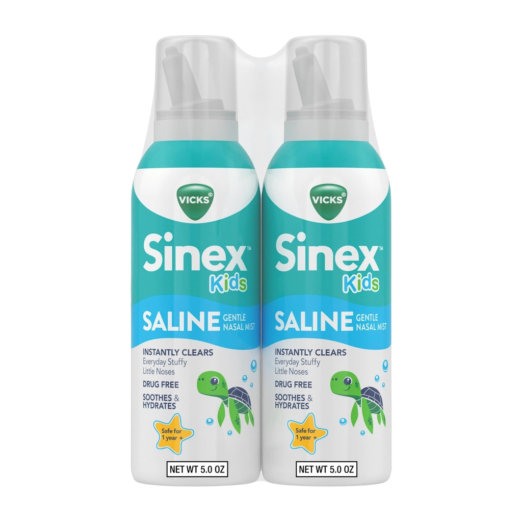 Vicks Sinex, Spray nasal saline pour enfants, anti-drogue ultra fine brume avec aloès, 1+ ans, soulagement quotidien rapide du nez étouffant pour les enfants, clair mucus d'un froid ou d'allergie, 5 OZ x 2