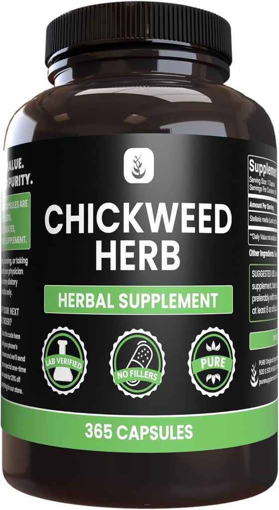 INGRÉDIENTS ORIGINAUX DE PURE Herbe de chickweed, (365 Capsules), Pas de Magnésium ou de Rice Filters, Toujours Pure, Verifié en laboratoire