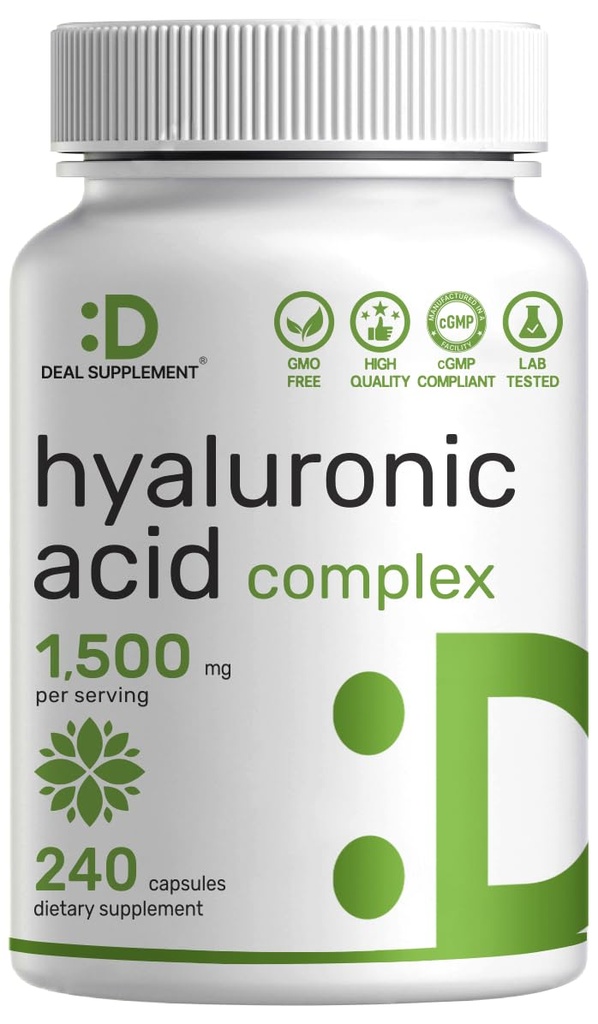 Deal Supplement Hyaluronsäure Ergänzungen 1.500mg – 240 Kapseln, mit MSM & Vitamin C – Pure 95% | Non-GMO + Pflanzenbasiertes HA – Unterstützt gesunde Gelenke, Knochen, Connective Tissue, & Skin Hydration