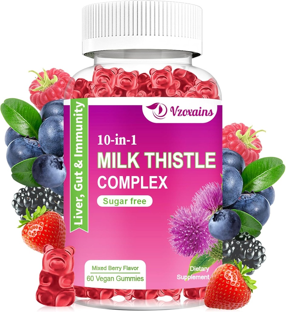Milk Thistle Gummies, 10-in-1 Kräuterformel für Leberreiniger Detox & Repair mit Dandelion Root, Turmeric, Artichoke - Optimale Leberfunktion und Verdauungsgesundheit - Gemischte Berry Flavor
