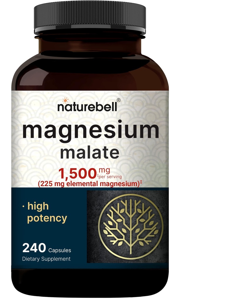 NatureBell Magnésium Malate 1 500mg, 240 Capsules Chelated for High Absorption.