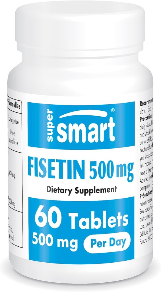 Supersmart - Fisetin 500mg par jour (Facile à prendre) - Supplément de Fisetin pur à 98% - Polyphénol hautement biodisponible - Potent Senolytic Activator - Sans OGM et sans gluten - 60 comprimés