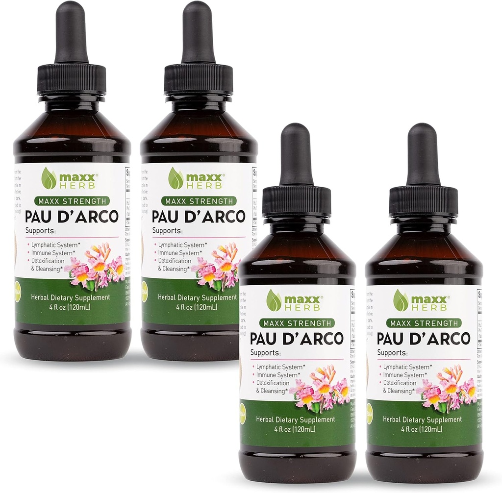Maxx Herb PAU D'Arco Tincture - Max Strength PAU Darco Extract for Immune Support, Taheebo Tea Inner Bark Absorbs Better Than PAU Darco Capsules – 4 Bottles, 4 Oz Each (240 Servings)