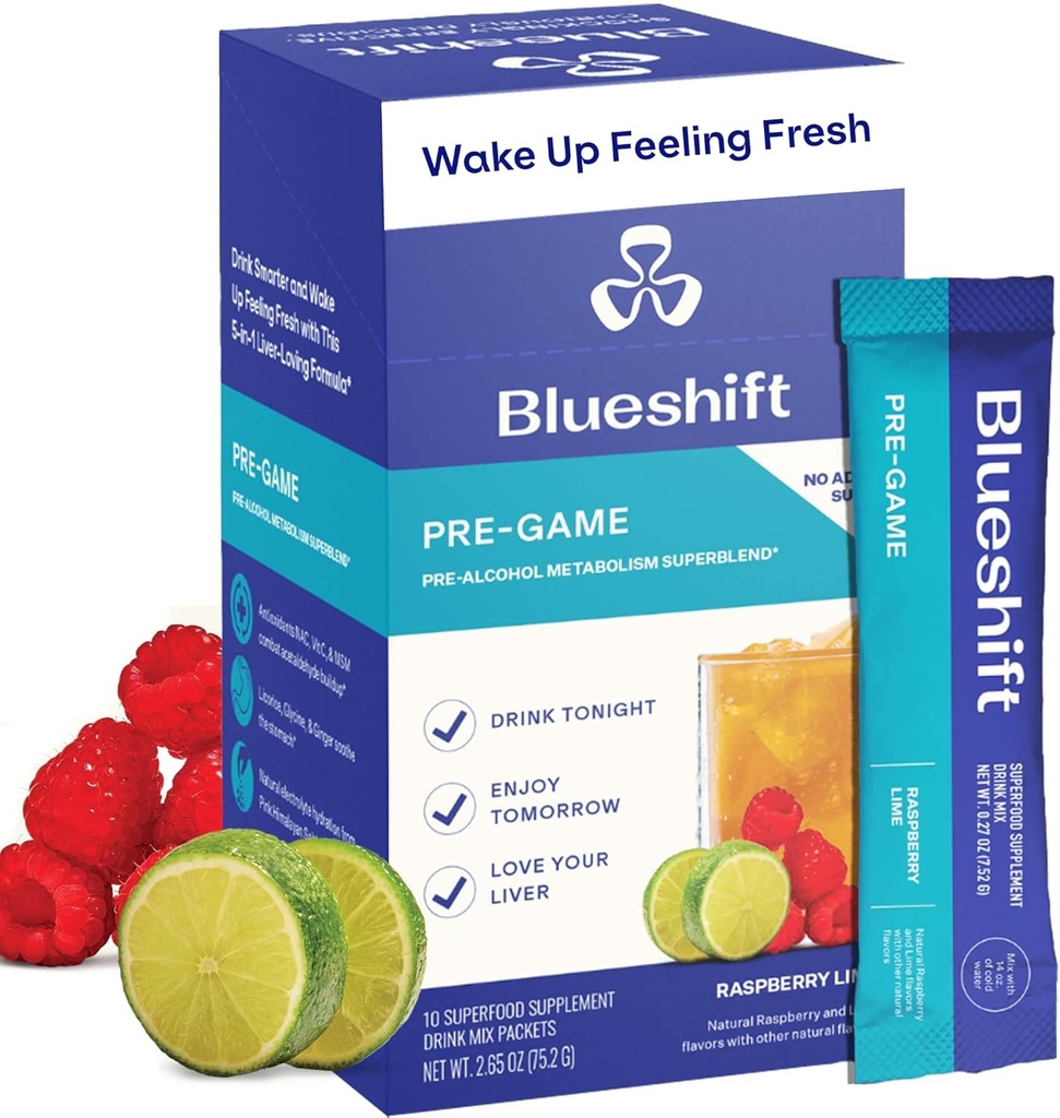 Blueshift Pre-Game - Pré-consommation de complément NAC, packs de poudre d'électrolytes, packs d'hydratation, soutien du foie avec gingembre, cystéine, chardon de lait, pas de bâtons de poudre de sucre (10 pack)
