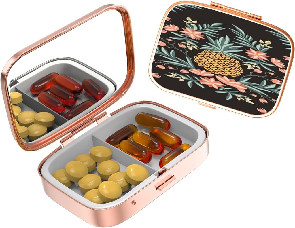 Süße kleine Pille Fall für Taschen & Geldbörsen,Elegante Pille Box macht ein großes Geschenk,2 Compartment Reisemedizin Organizer speichert Progesterone, Kapsel Pillen, Ibuprofen, Vitamins-Rose Gold2