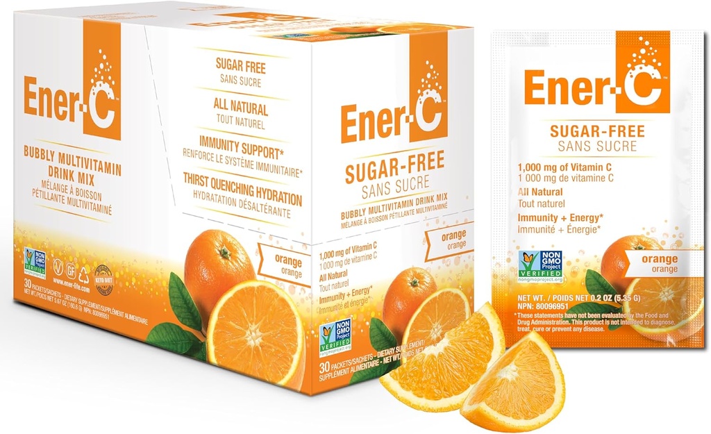 Éner-C Sans sucre Énergie Orange Mélange de multivitamines Vitamine C 1000mg & Électrolytes - Soutien de l'immunité naturelle avec des vraies poudres de jus de fruits Non-OGM Vegan & sans gluten - 30 Compte