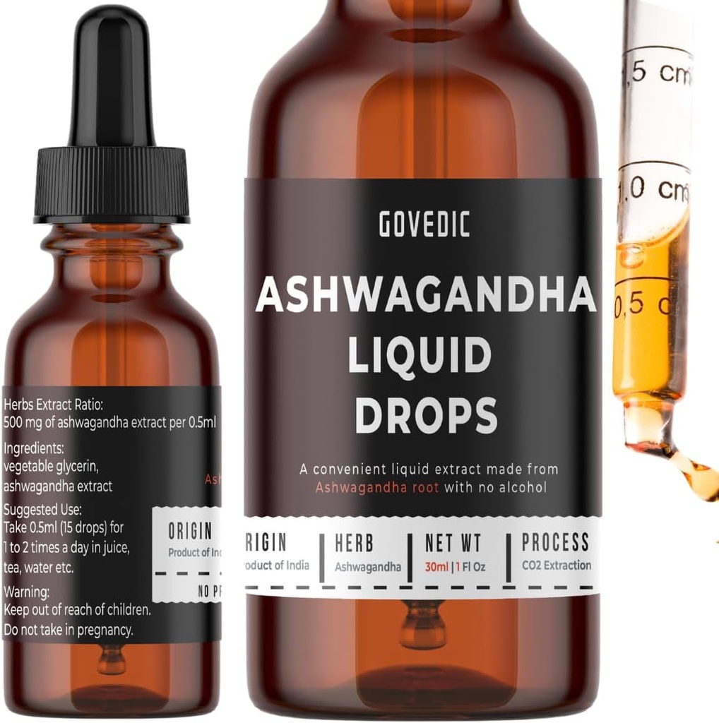 Ashwagandha Liquid Drops Konzentrat 1 Fl Oz 30ml | 60 Portionen von 500mg Bio-Root Tincture Extract Supplement | Stress Relief, Energie &amp; Immunität, Mental Fokus, schnelle Absorption