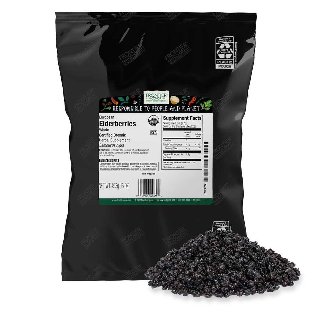 Frontier Co-op Organic Dried Elderberries, 1lb Bulk Bag, European Whole | Kosher und Non-GMO Organic Elderberry Berries Dried, für Tee, Immununterstützung