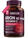 Supplément en fer pour les femmes hommes, fer à haute puissance 65mg avec vitamine C 250mg, pilules de fer pour cellules rouges et immunitaires, sans OGM et sans gluten,180 comprimés végétaliens