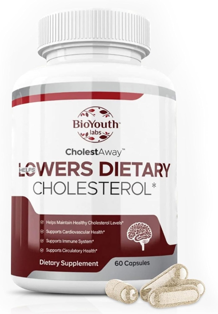 BioYouth Labs Natural Cholestérol Lowing Support Supplément pour adultes - Mélange nutritif d'ail, de berbère, de coca et de lécithine de soja - 60 Capsules