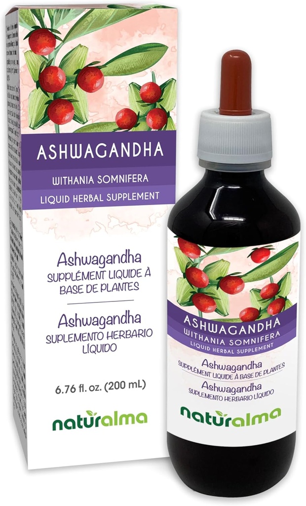 Naturalma Ashwagandha (Withania somnifera) Wurzel Alkoholfreie Tinktur - 6.76 fl oz Flüssiger Extrakt in Tropfen - Kräuterergänzung - Vegan