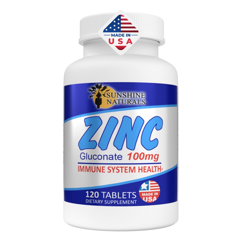 Sunshine Naturals Zink Gluconate Mineral Supplement – Unterstützt Immunsystem, fördert Wundheilung, verbessert die Hautgesundheit, liefert Antioxidans Verteidigung – 100mg, 120 Tabletten, Hohe Potenz