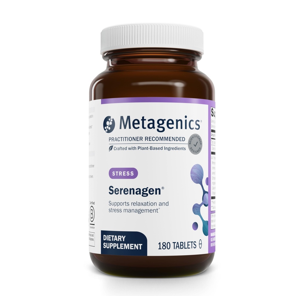 Métagène Supplément Serenagen - Gestion du stress à base de plantes avec le ginseng asiatique et les herbes chinoises - Supports Calme, Focus, Énergie et Sommeil* - Non-OGM, Sans gluten, Végétarien - 180 comprimés