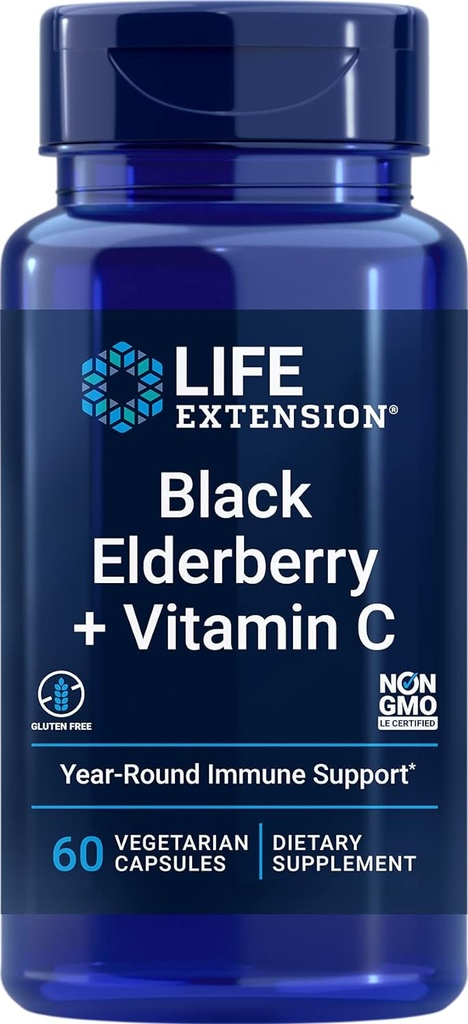 Life Extension Black Elderberry + Vitamin C, Alltag Immununterstützung von Elderberry & Vitamin C, Glutenfrei, Non-GMO, Vegetarisch, 60 Kapseln