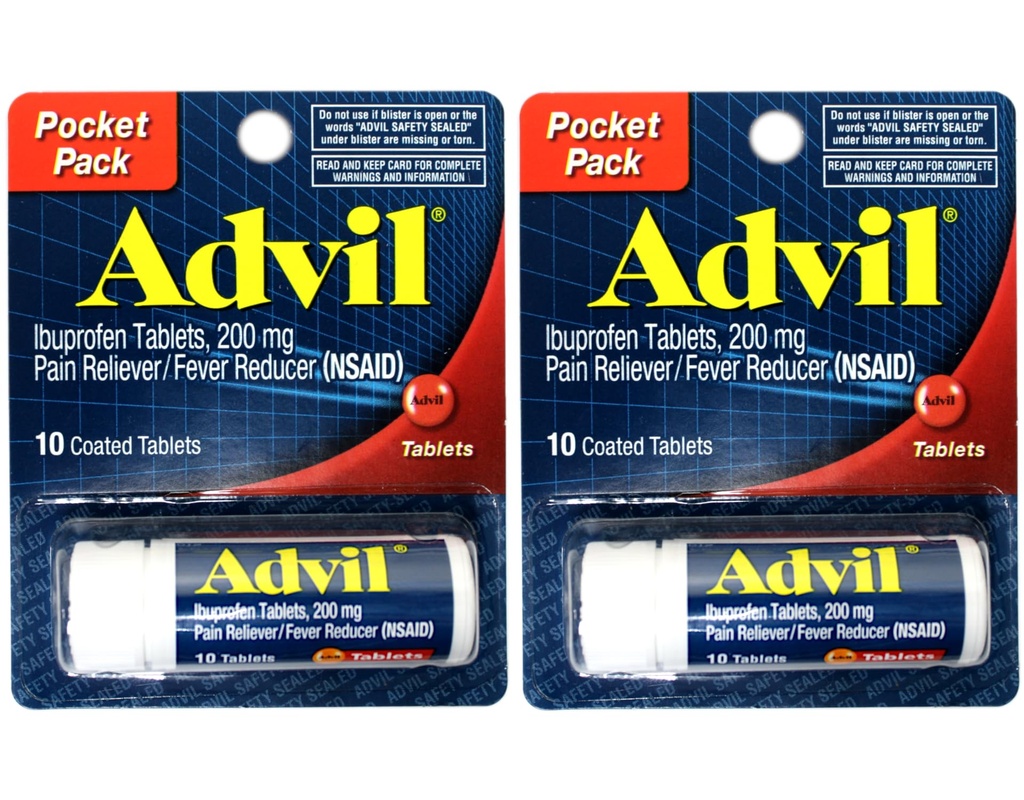 2 Paquet de poche pour soulager la douleur advil / réducteur de fièvre Ibuprofène 200mg - 10 comprimés enduits par paquet (20 comprimés Total)