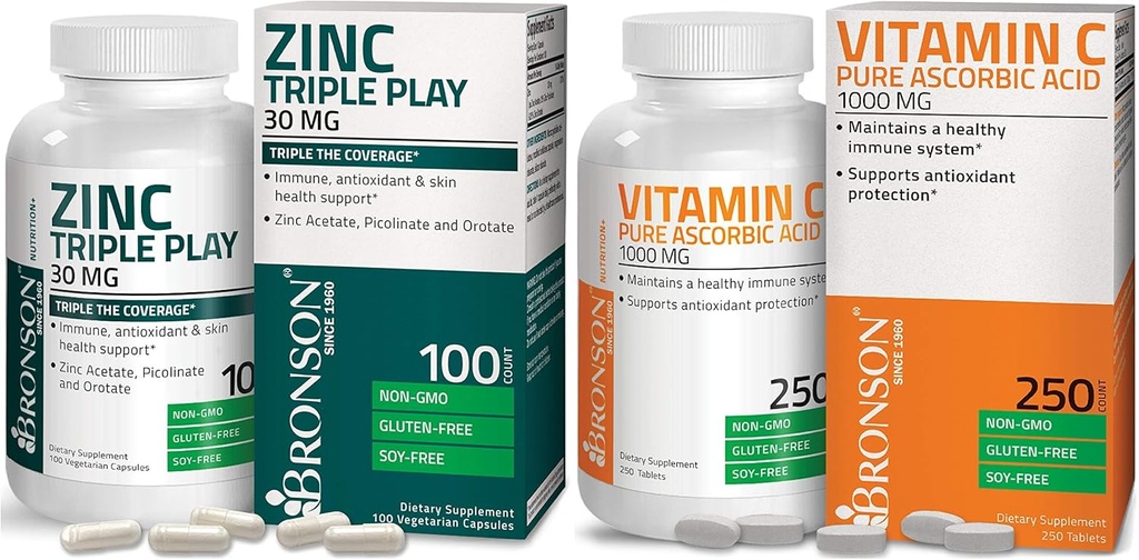 Bronson Vitamine C 1000 mg Premium Acide non-OGM Ascorbique + Bronson Zinc Triple Play 30 mg triple couverture Immune Support Zinc Supplément