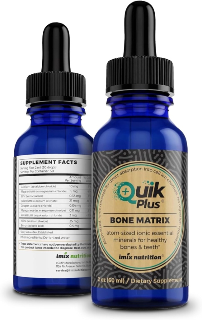 QuikPlus Bone Matrix mit Calcium, Magnesium, Zink und Kalium - Enthält 9 ionische flüssige Mineralien, Kollagenizer für Knochen und Zähne Unterstützung, Vegan, Glutenfrei, Alle natürlichen (2 Oz)