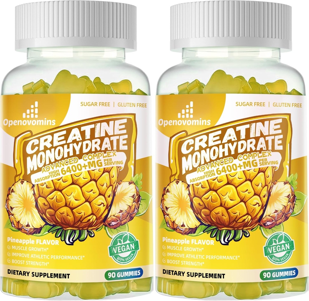 Creatine Monohydrate Gummies Complex für Männer & Frauen - Fortgeschrittene Formel W/L-Taurine + Vitamin B12, Sugar Free Chewable Supplement,180 Ananasgummis 2pack