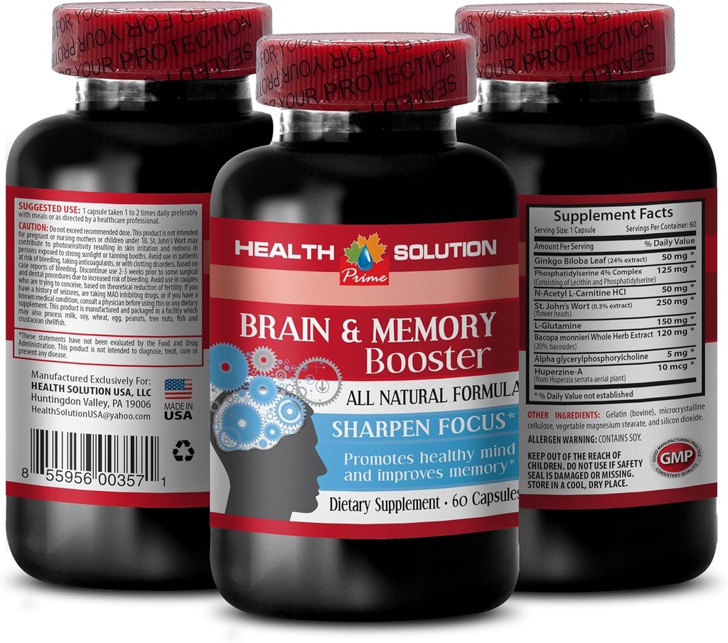 Ginkgo biloba Extrakt Blatt - BRAIN AND MEMORY BOOSTER - verbessern - Gehirn Gedächtnis Ergänzungen - ginkgo biloba Extrakt, Gehirn Ergänzungen für Gedächtnis und Fokus, Fokus und Energie Ergänzung 1 Flasche 60 Caps