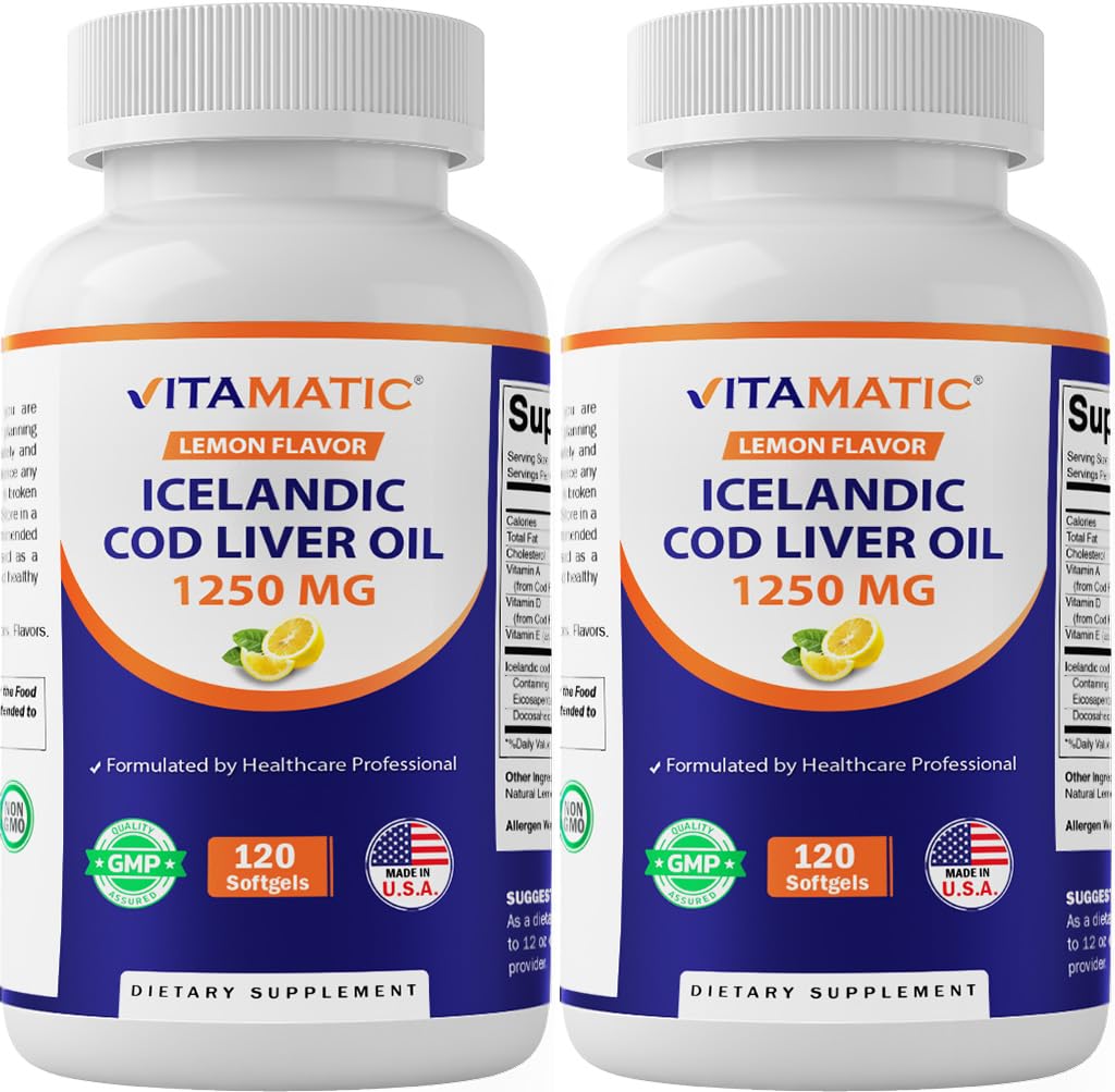 Vitamatic 2 Pack Icelandic Cod Liver Oil Capsules 1250mg 120 Softgels (Lemon Flavor) - Promotes Herz-Kreislauf-Gesundheit