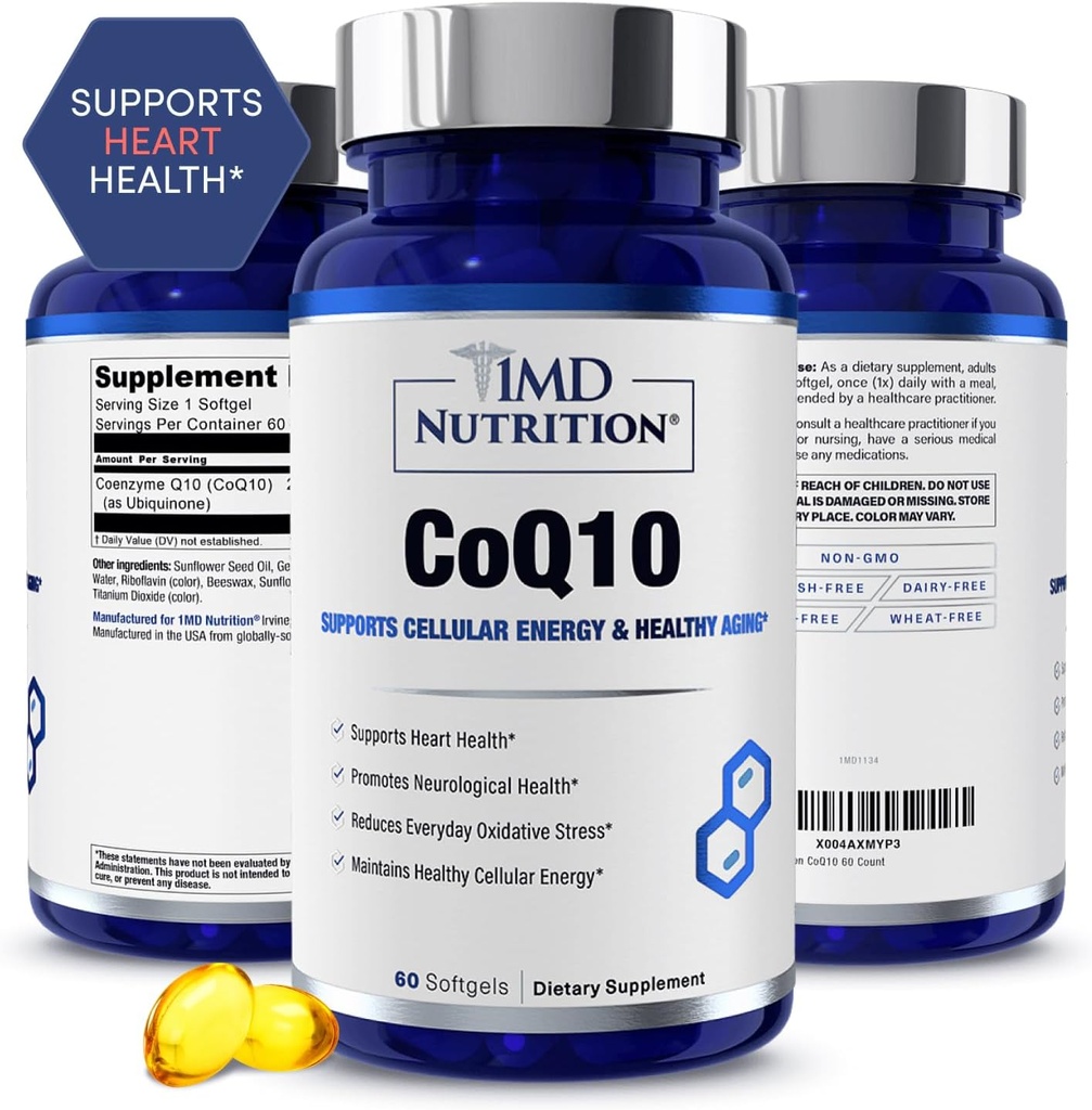 1MD Nutrition CoQ10 - für Heart Health & Cellular Energy Production - Health Supplement for Men & Women - Coenzyme Q10 Softgel - 60 Tage