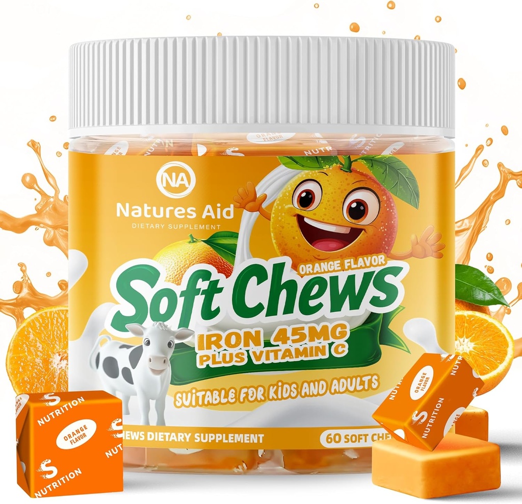 Chewable Iron Supplement für Damen und Herren - Orange Flavor, Eisen Vitamin C Soft Chew für Max Absorption, Eisen als Ferrous Fumarate, Ideal für Eisenmangel, 2 Monate Versorgung