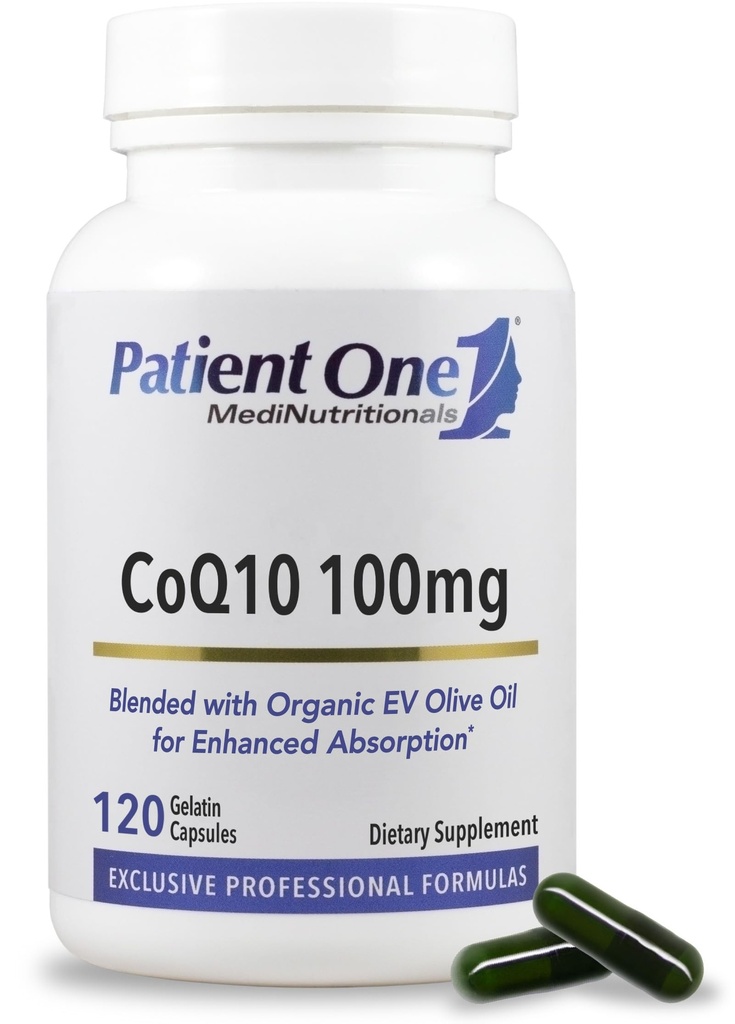 Patient One Coenzyme Q10 (CoQ10) 100 mg de supplément antioxydant pour soutenir la santé cardiaque et vasculaire* avec l'huile d'olive biologique