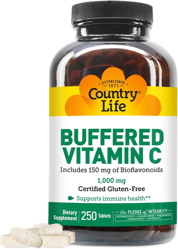 Country Life Vitamine C 1000mg avec des bioflavonoïdes, Calcium, Magnésium, Potassium - Soutien immunitaire, Capsules végétaliennes, Sans gluten, Doucement sur l'estomac - 250 comprimés