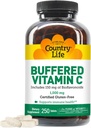 Country Life Vitamine C 1000mg avec des bioflavonoïdes, Calcium, Magnésium, Potassium - Soutien immunitaire, Capsules végétaliennes, Sans gluten, Doucement sur l'estomac - 250 comprimés