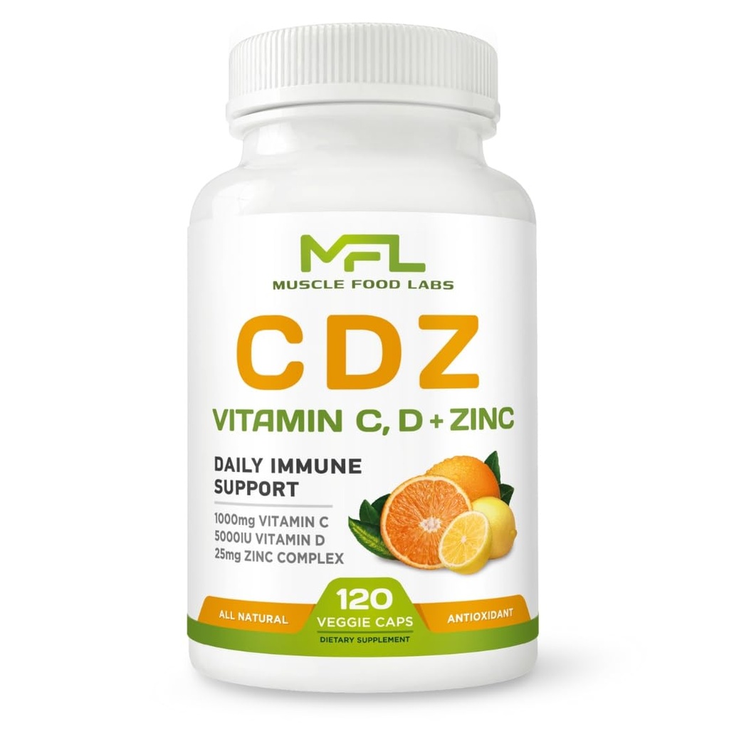 | C D Z | Vitamin C, 1000mg | Vitamin D3, 125mcg | Zink, 25mg | Non-GMO & Gluten Free | 120 Vegetarische Kapseln | 120 Servierungen