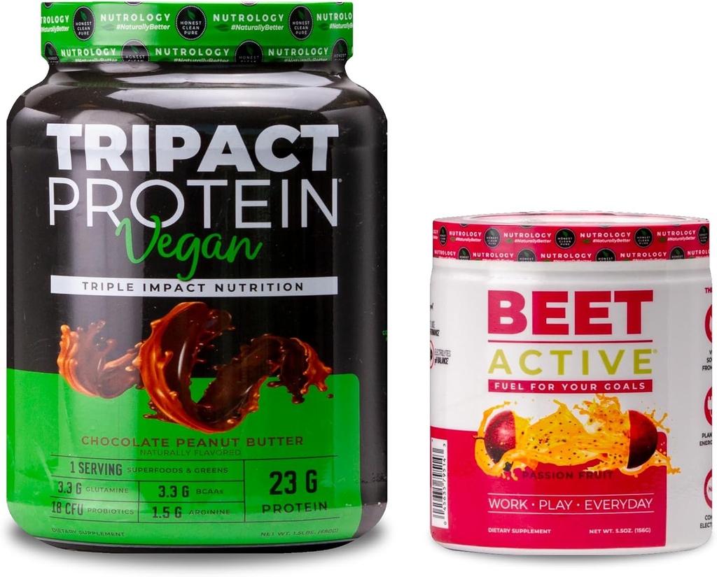 Nutrologie TRIPACT Vegan Protein Pulver, für Vegan Protein Shakes, Schokolade Peanut Butter (20 Servierungen) & Beet Active, Passionsfrucht Flavor (30 Servierungen)