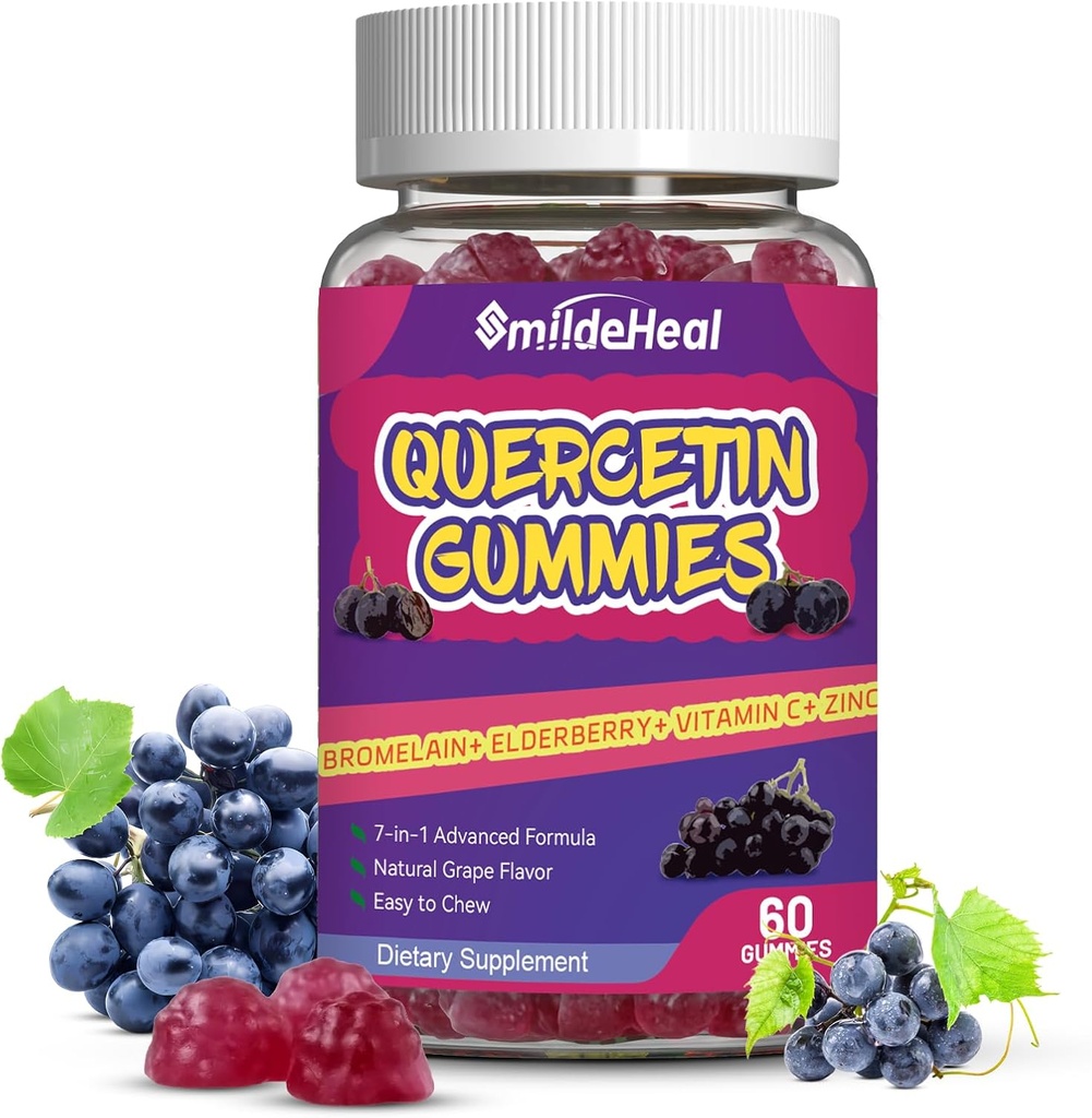 Quercetin Gummies 1200MG, Quercetin Gummies mit Bromelain, Zink Vitamin C, Quercetin Zusatzgummis für Erwachsene & Kinder, 60 Vegan Gummies