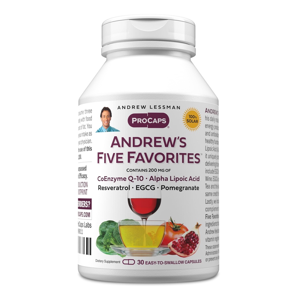 ANDREW LESSMAN Andrew's Five Favorites 30 Capsules - Fournit 200mg chacune de Coenzyme Q-10, Resveratrol, EGCG, grenade et acide alpha lipoïque, puissant anti-oxydant, aucun additif