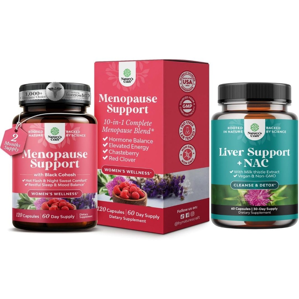 Bundle of Total Menopause Supplement mit Dong Quai Vitex Chaste Berry & Black Cohosh für natürliche Hormonunterstützung und Leber Unterstützung NAC Supplement mit Milchdistel für Leberreiniger Detox & Repair