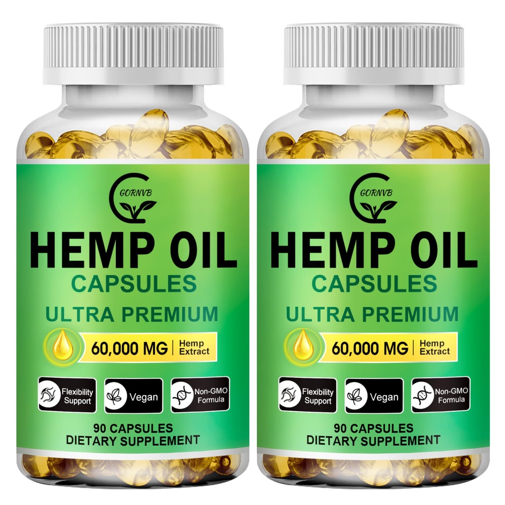 (2-Pack) Capsules d'huile de chanvre à haute puissance - 180 Softgels Veggie - 60 000 Résistance maximale, Système immunitaire Support, Focus Calme, Relaxation, Mood, Extrait pur, Organique, Vegan, Non-OGM