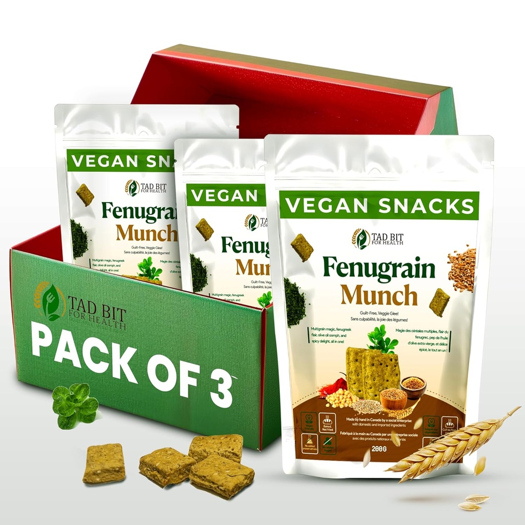Tad Bit's Fenugrain Munch | Premium Indian Handmade Salty Vegan Snacks Crackers | Plant Based Vegan Healthy Snacks for Adults and Kids | Dairy Free, Sugar Free Snacks | Low Calorie Whole Wheat Digestive Biscuits (3 Pack, 600, Gram)