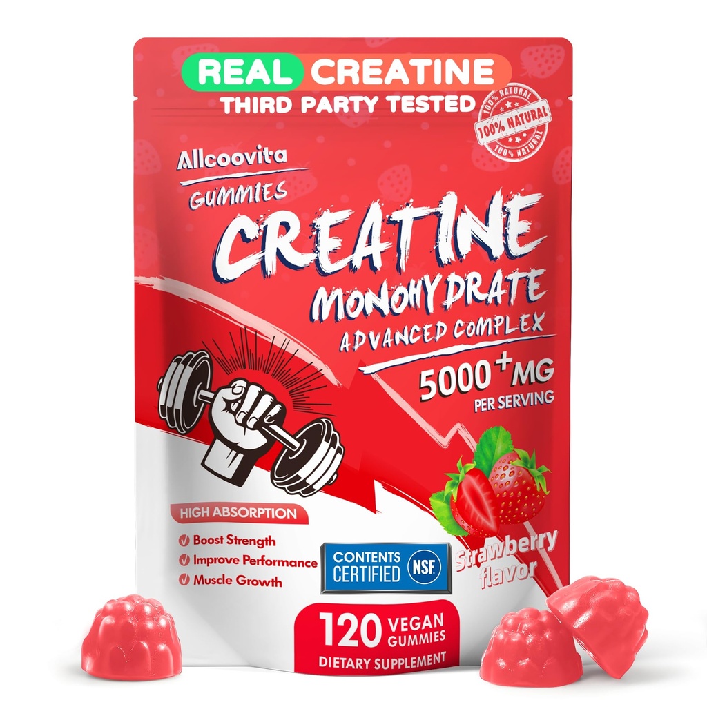 Kreatin Monohydrat-Gummien-Komplex für Männer & Frauen,5 Gramm pro Servieren Elektrolyt Kreatin-Gummi für Muskelkraft, Muskelaufbau, Energie-Boost, Vor-Workout-Ergänzung-120 Erdbeer-Gummien